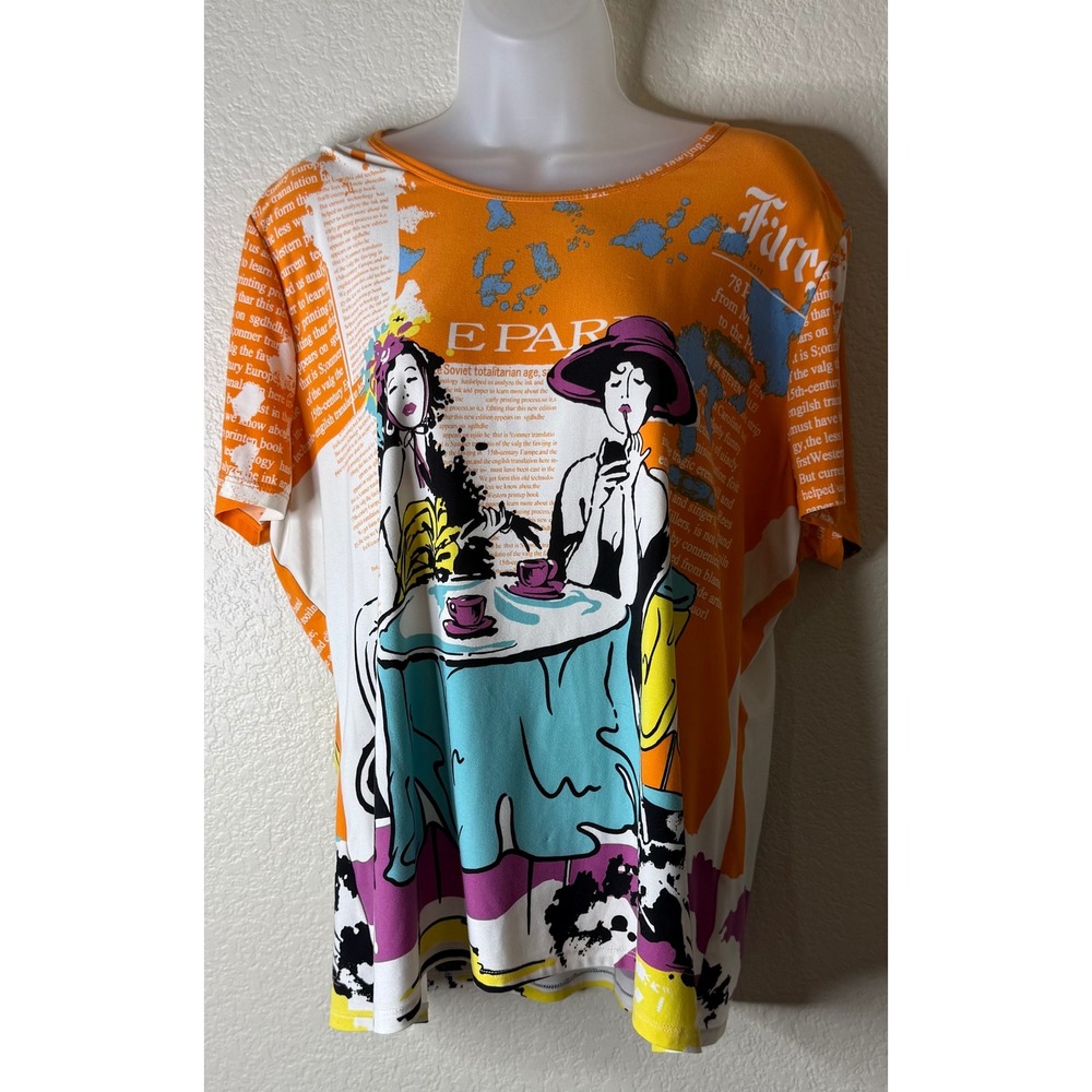 Nygard Collection Women XL Top Orange Graphic Ladies Art Print Text Short Sleeve